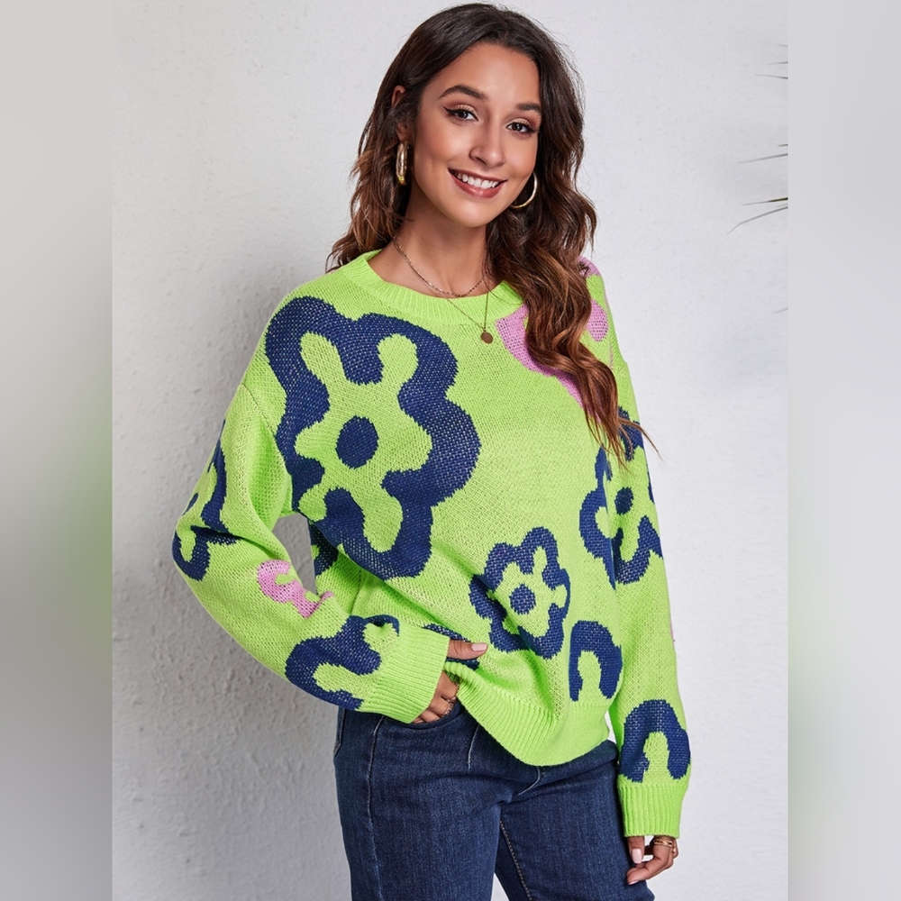 Funky Flower Knit Pullover Hippie Retro Daisy Long Sleeve Colorful Sweater Shirt
